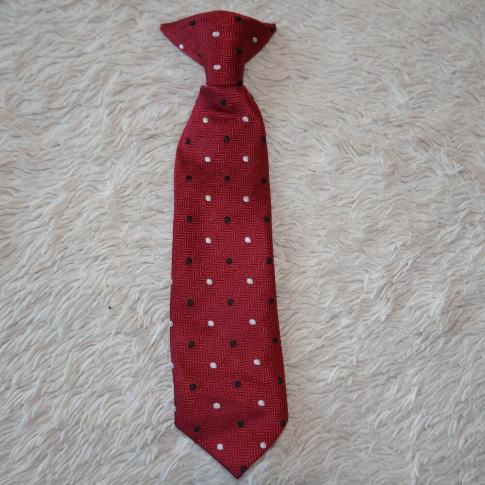 Boys Clip-On Neck Tie, Red Herringbone Pattern with Black and White Polka Dots